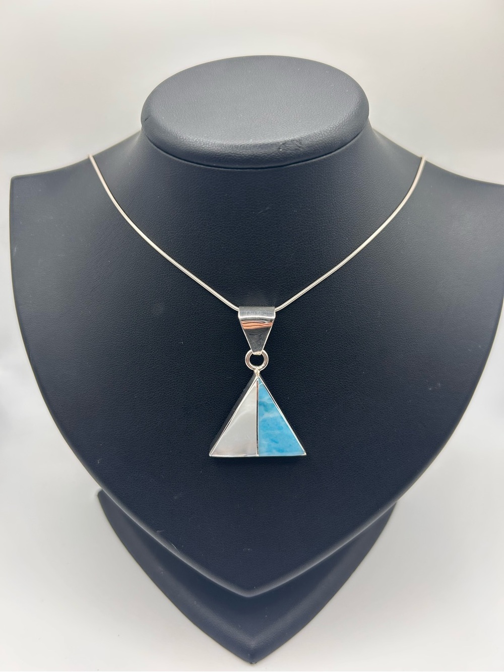 Mexico 925 sterling silver larima and mother of pearl triangle pendant necklace